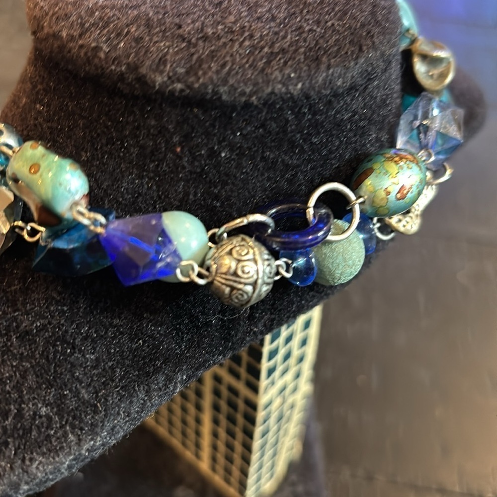 Blue Dichroic Glass Acrylic Stone Silver Beaded Long Enamel Beaded Necklace​ - Picture 5 of 8
